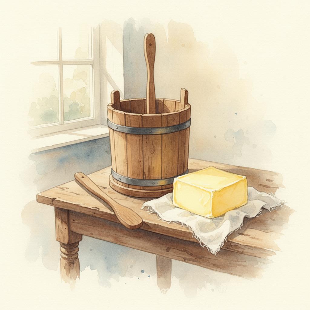 Aquarelle d'une baratte en bois et d'une motte de beurre breton