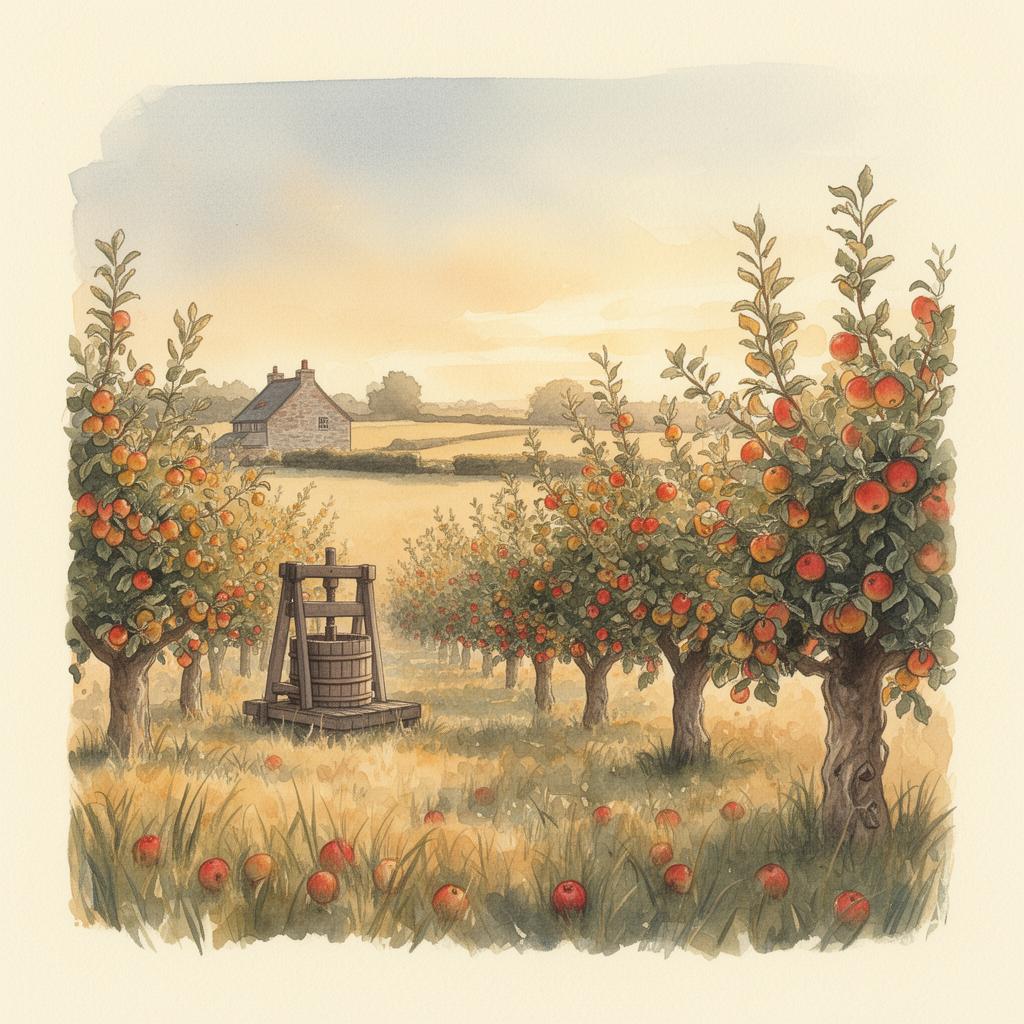 Aquarelle d'un verger breton avec un vieux pressoir au coucher du soleil