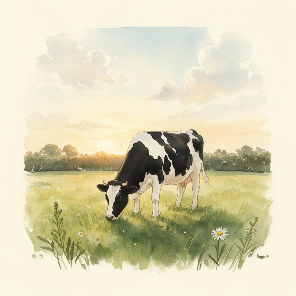 Aquarelle d'une vache pie noire dans un pré du Morbihan