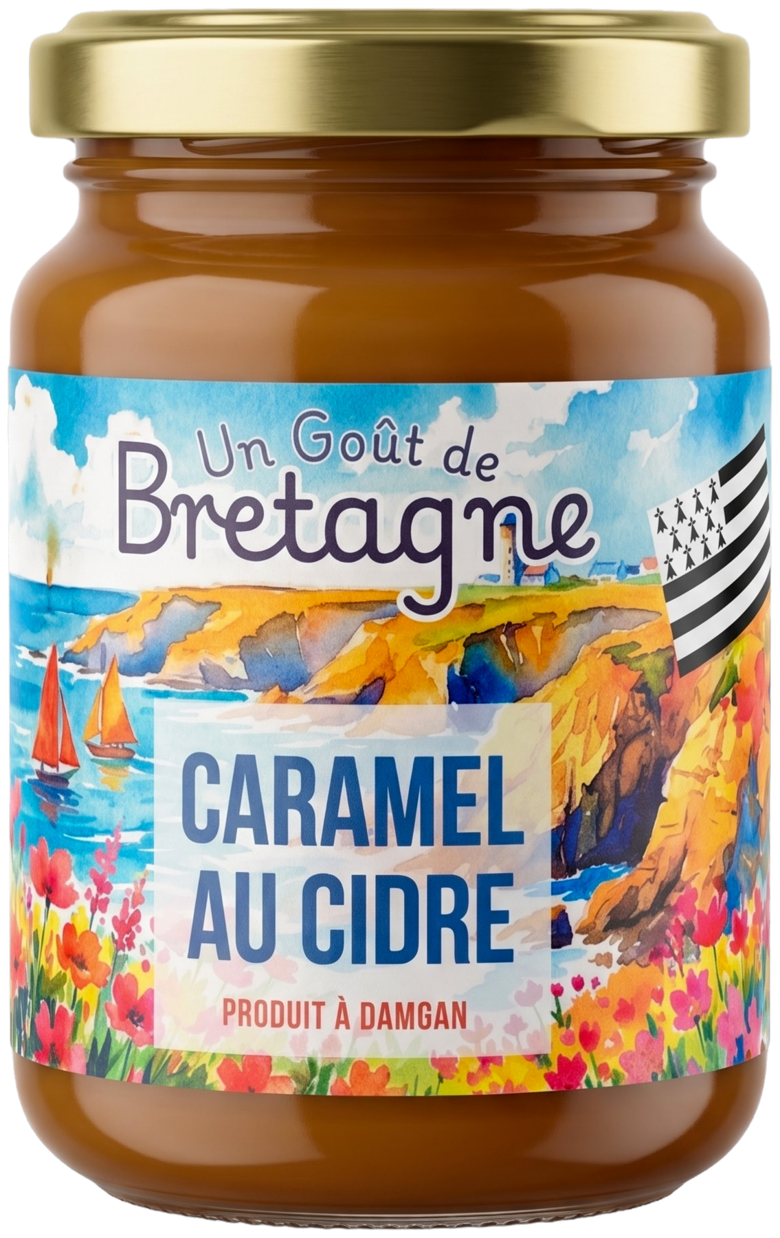 Pot de caramel au cidre Un Goût de Bretagne, étiquette aquarelle représentant les côtes du Morbihan, format 210 grammes