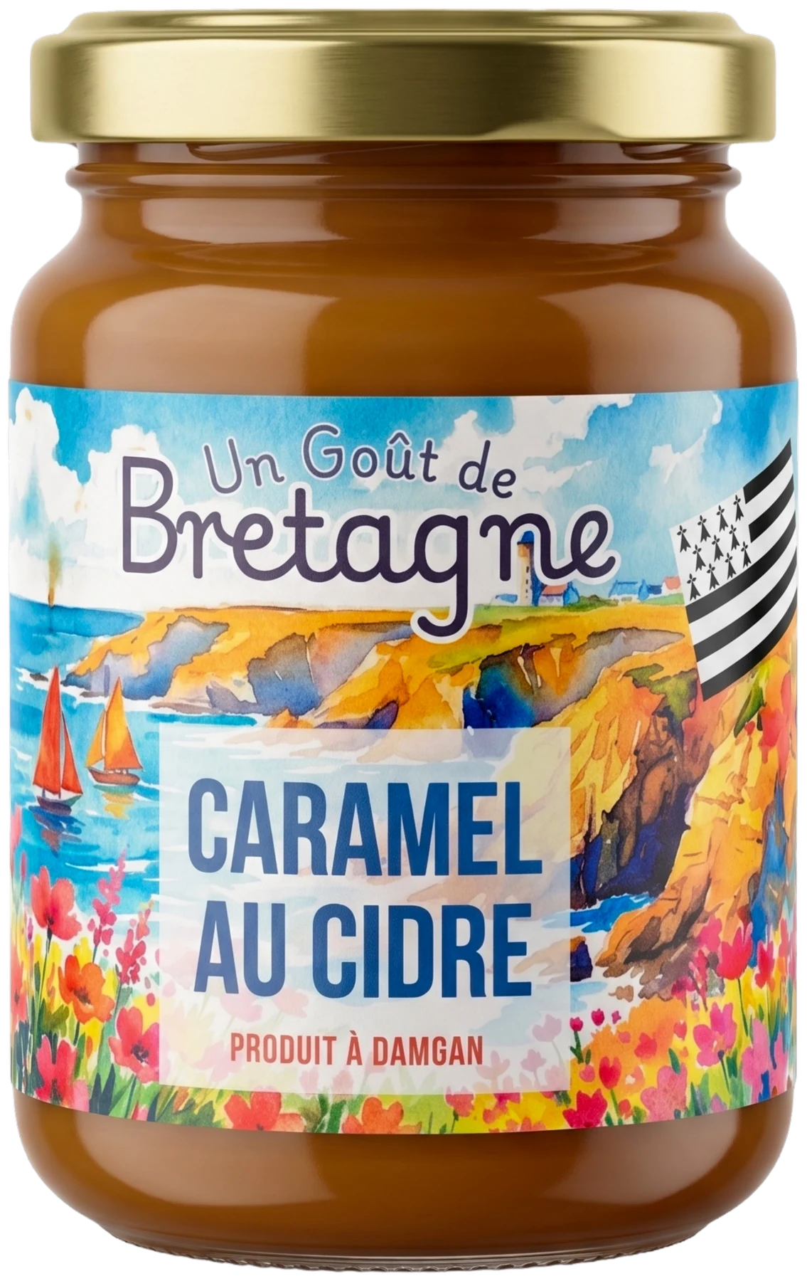 Pot de caramel au cidre Un Goût de Bretagne, étiquette aquarelle représentant les côtes du Morbihan, format 210 grammes