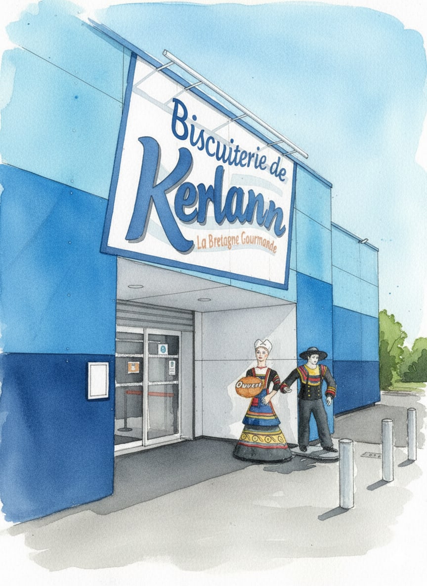 Biscuiterie de Kerlann à Muzillac — façade bleue à l'aquarelle, enseigne « La Bretagne Gourmande », couple en costume traditionnel breton à l'entrée