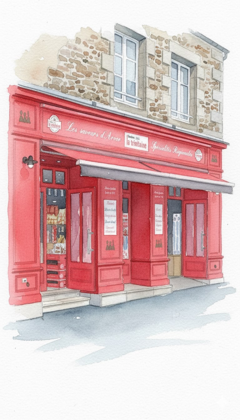 Boutique La Trinitaine à Vannes — façade rouge à l'aquarelle, spécialités régionales bretonnes